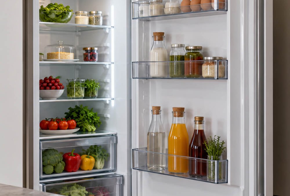 Geöffneter Einbaukühlschrank mit Gemüse, Vorratsgläsern und Flaschen sowie sichtbarer Türdichtung.