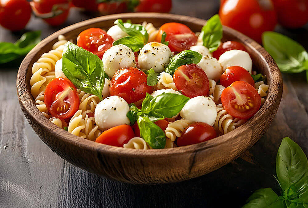 Mediterraner Nudelsalat ohne Mayonnaise, in nur 15 Minuten zubereitet. Perfekt für Sommer, Picknick oder Grillabend