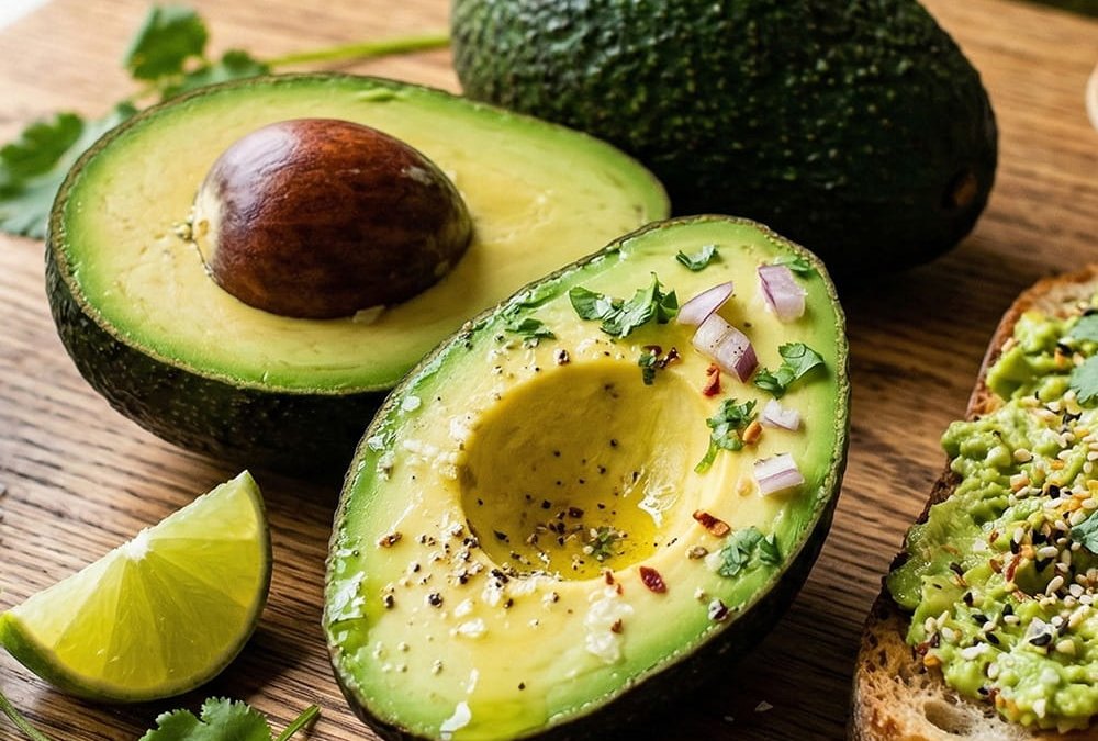 Reife Avocado mit braunem Kern neben Brot und Schneidebrett in der Küche