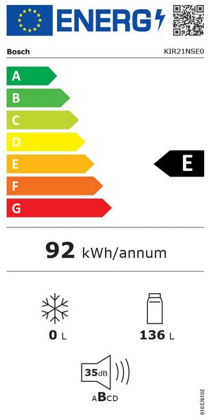 EU-Energieeffizienzlabel für einen Bosch Kühlschrank mit Effizienzskala und Jahresenergieverbrauch.