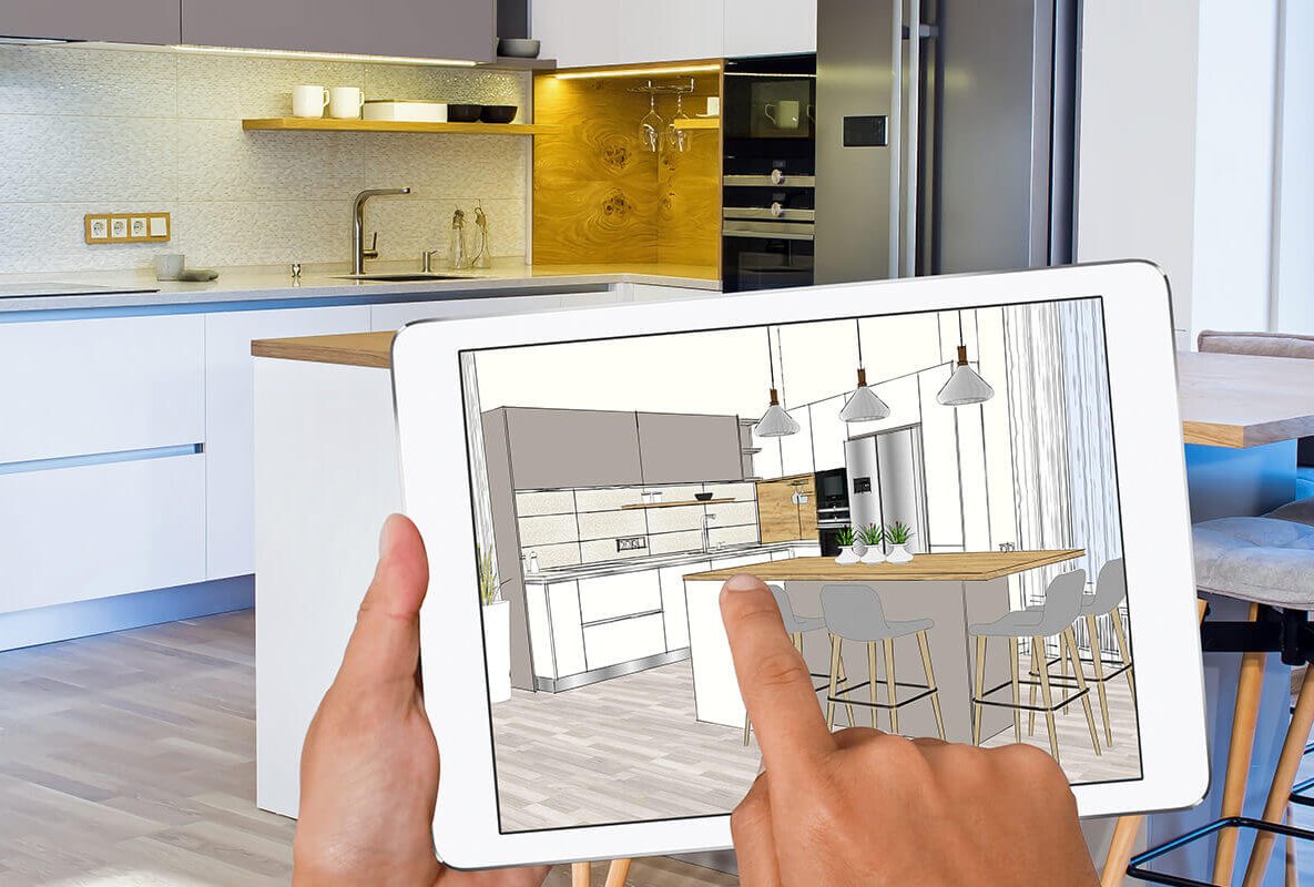 Moderne Küche mit digitaler Küchenplanung auf einem Tablet