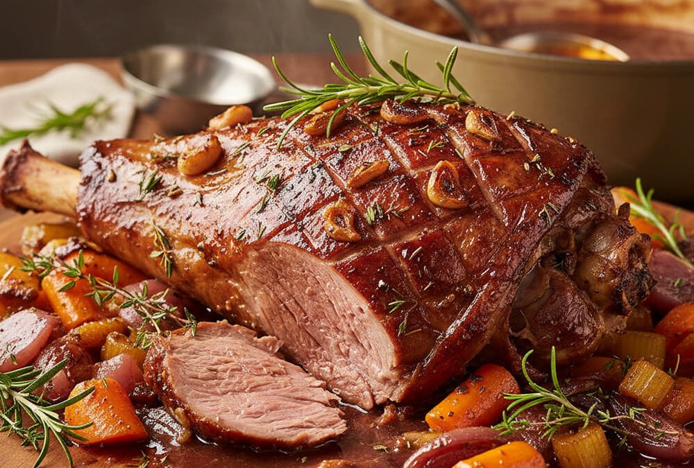 Lammkeule frisch aus dem Ofen – angerichtet mit Kräutern, Gemüse und Sauce als festlicher Braten