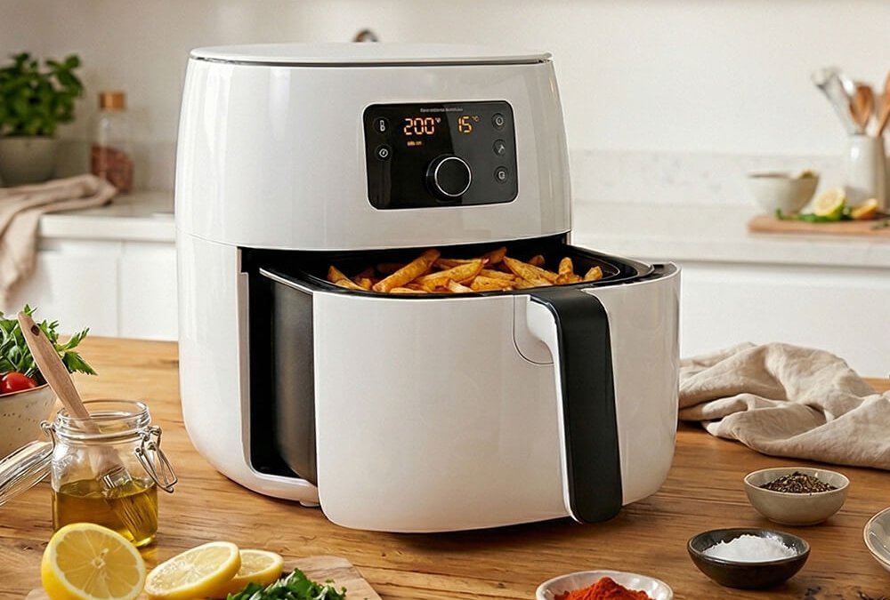 Airfryer mit Pommes und Hähnchen in moderner Küche als Motiv für Tipps gegen weiche Ergebnisse