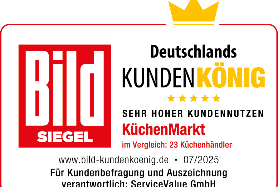 BILD-Siegel-Logo "Deutschlands-Kundenkönig" für „sehr-hohen-Kundennutzen“ von KüchenMarkt