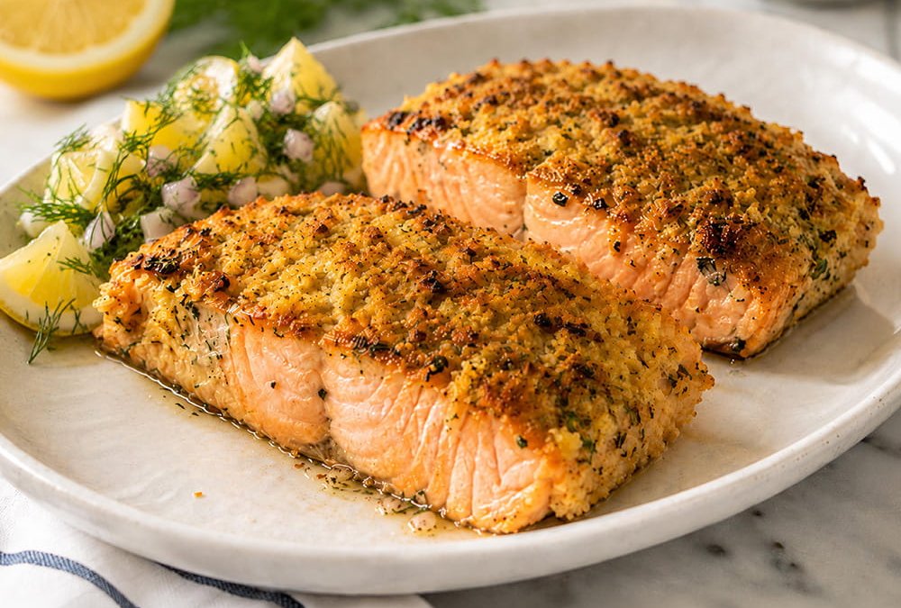 Lachsfilet mit Zitronen-Knusperkruste, Dill und Beilage auf einem Teller