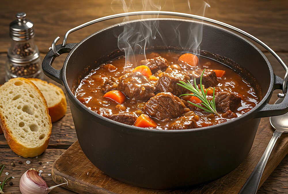 Deftiges Rindergulasch im gusseisernen Schmortopf mit Kräutern und Brot