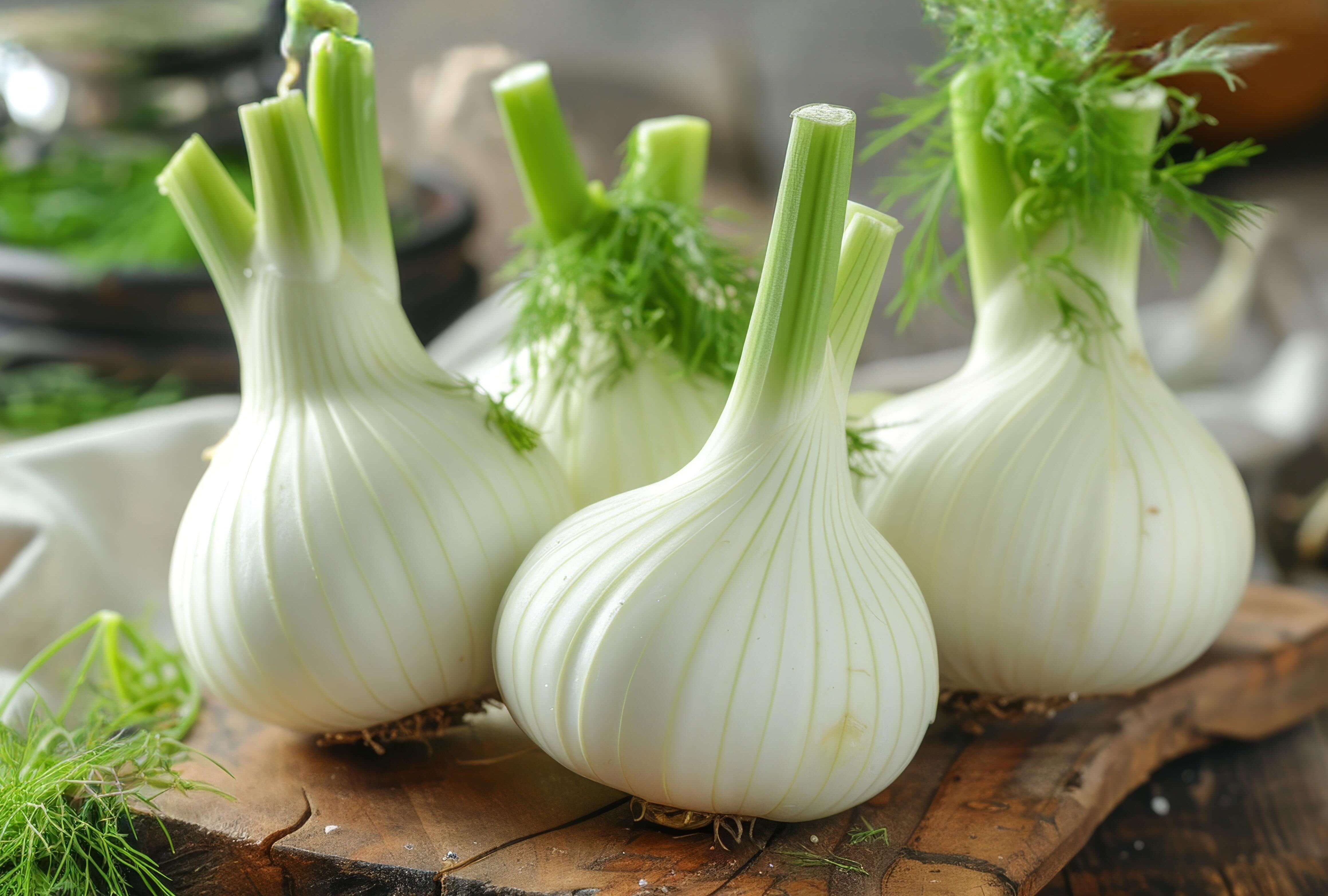 Fenchel – gesundes Power-Gemüse auf Holztisch, frische Fenchelknollen beim Einkauf