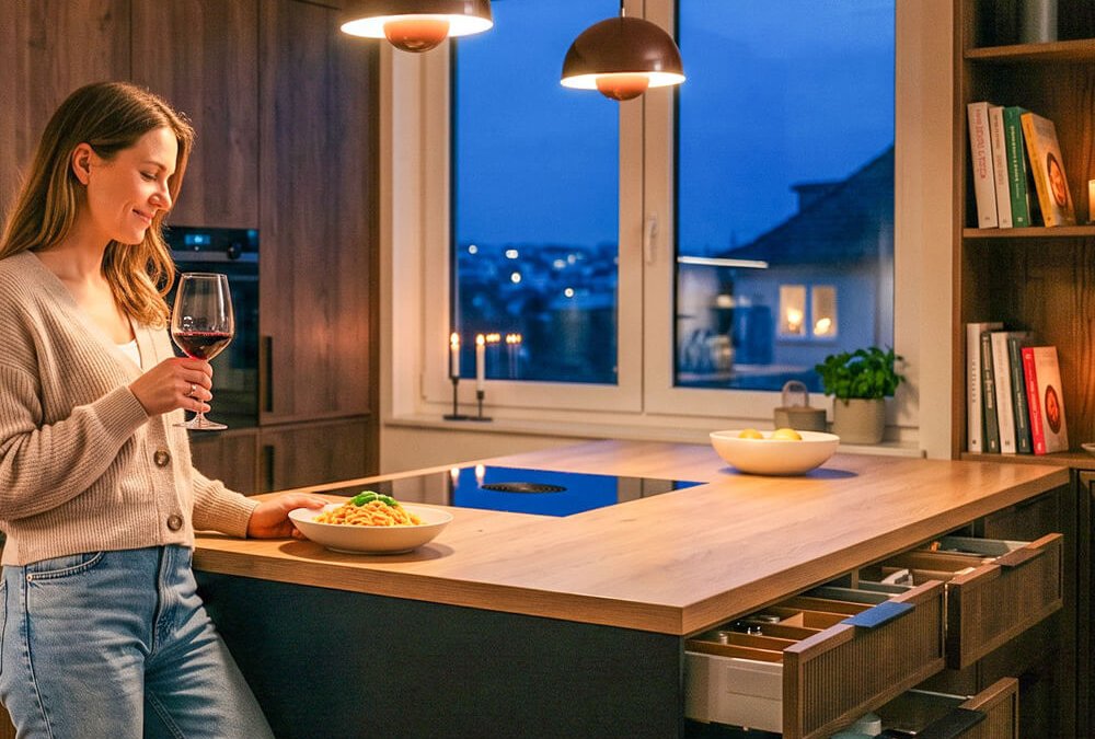 Frau mit Getränk an einer Kücheninsel am Abend