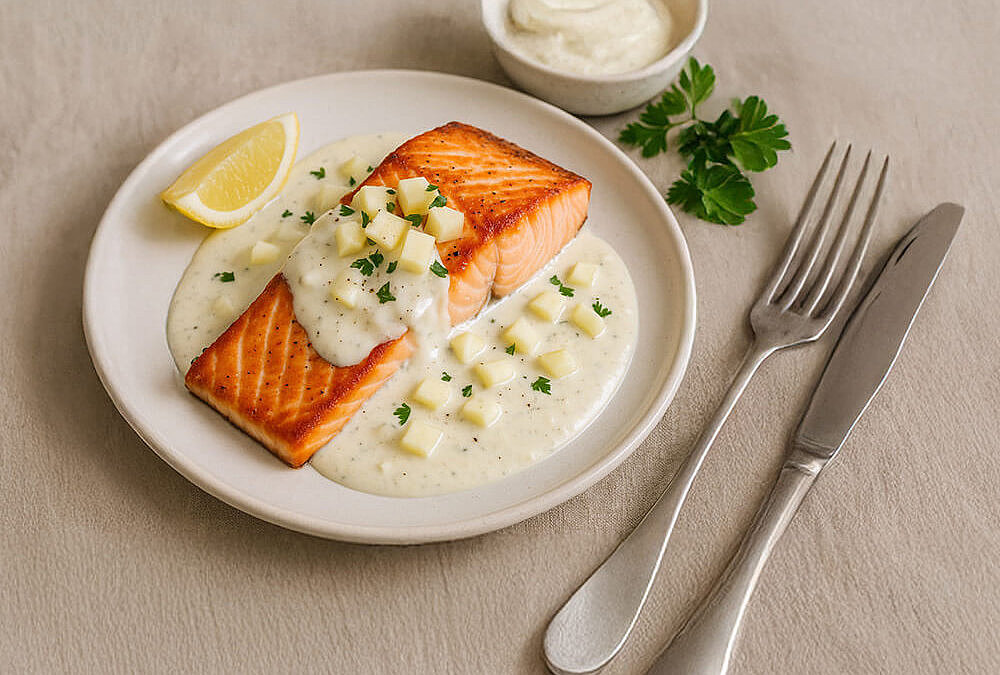 Gebratenes Lachsfilet mit cremiger Meerrettich-Sahne und Apfel – gesundes Fischrezept mit Omega-3