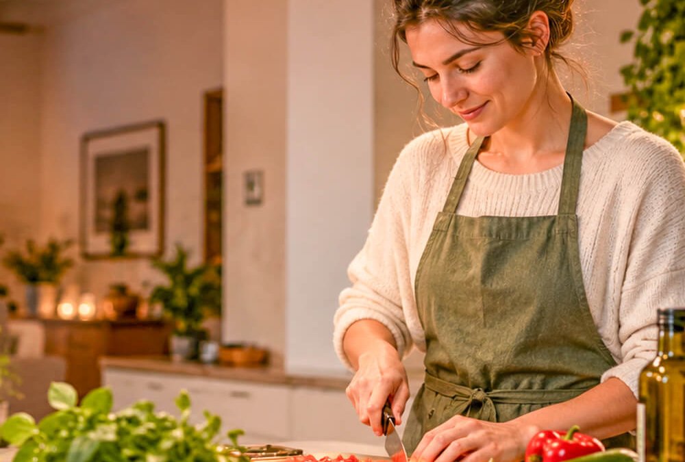 Frau schneidet Gemüse und bereitet konzentriert eine Mahlzeit zu