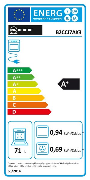 EU-Energieeffizienzlabel für einen NEFF Einbaubackofen mit Effizienzskala und Gerätesymbolen.