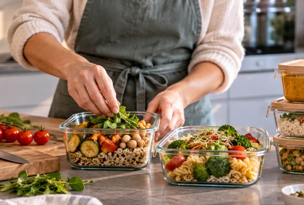 Gemüse und vorbereitete Mahlzeiten für entspanntes Essen während der Woche