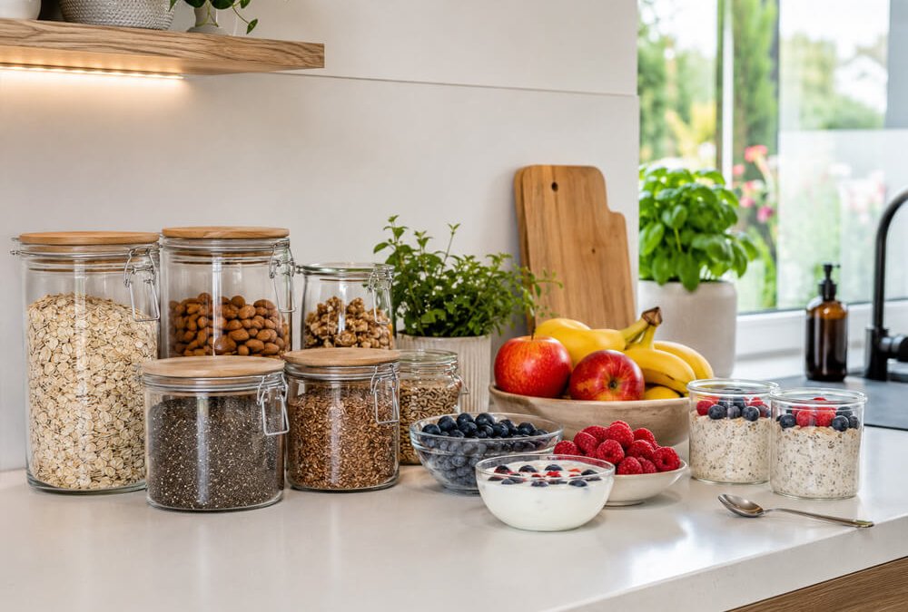 Gesunde Frühstücksecke mit Haferflocken, Obst und Vorratsgläsern auf der Küchenarbeitsplatte
