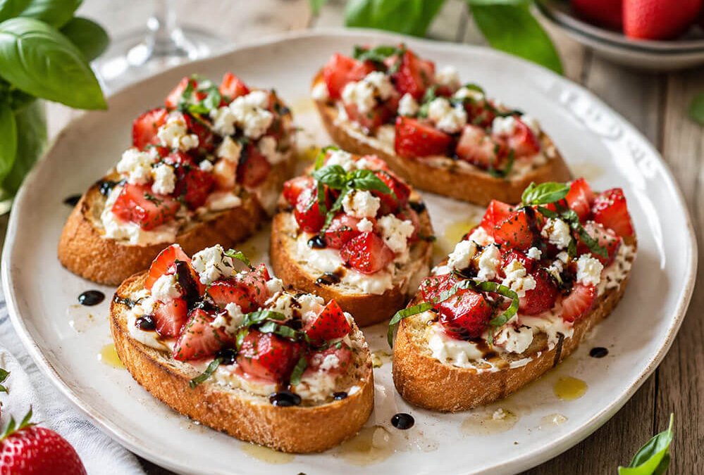 Erdbeer-Feta-Crostini auf einem Teller mit frischen Erdbeeren und Basilikum