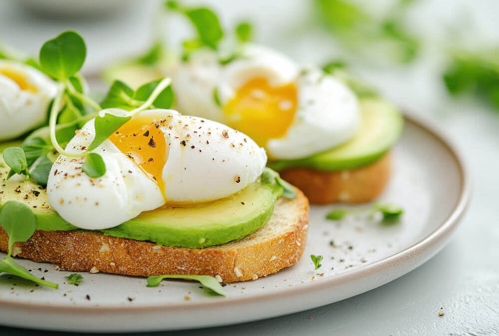 Pochierte Eier auf Avocado-Toast mit Pfeffer & Kresse – ein einfaches, nahrhaftes Frühstück für Genießer.
