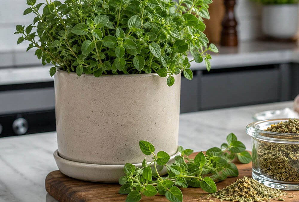 Frischer Oregano mit Öl und Gewürzen als mediterrane Küchenzutat