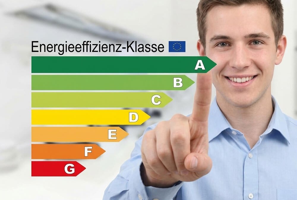 Mann zeigt auf Klasse A einer grafischen Energieeffizienzskala von A bis G