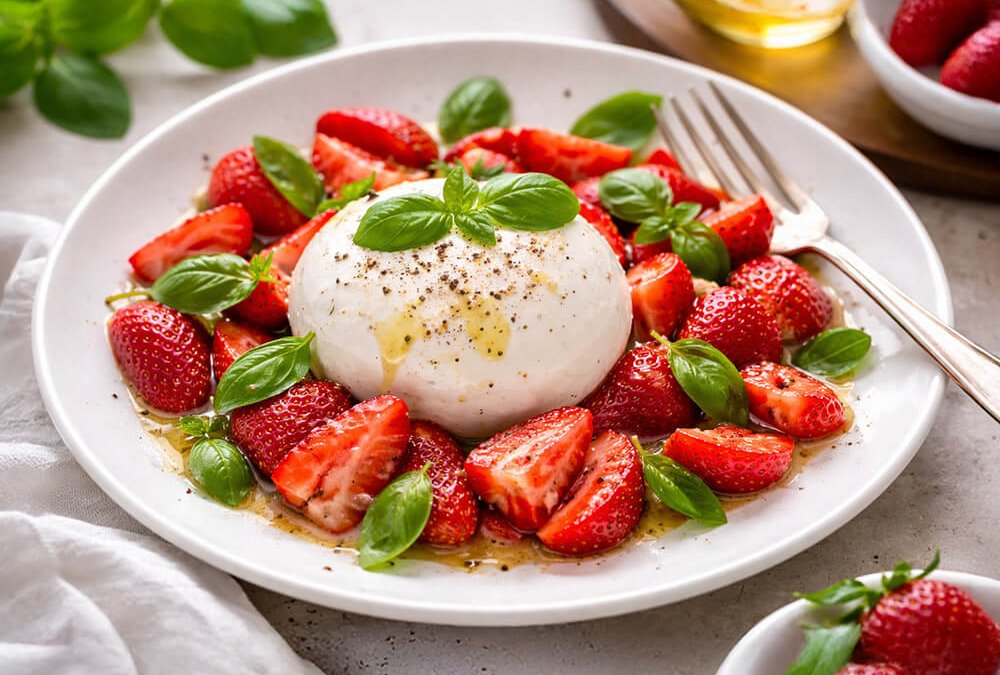 Burrata mit Erdbeeren und Basilikum auf einem Teller angerichtet