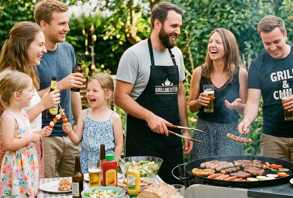 Familie beim sicheren Grillen im Garten mit vorbereitetem Grillgut