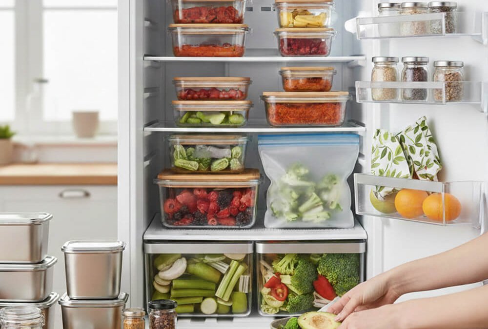 Strukturierte Lebensmittelaufbewahrung im offenen Kühlschrank mit Glas-Containern und ökologischen Frischhalte-Alternativen.