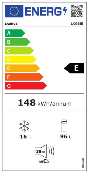 EU-Energieeffizienzlabel für einen LAURUS Kühlschrank mit Effizienzskala und jährlichem Energieverbrauch.