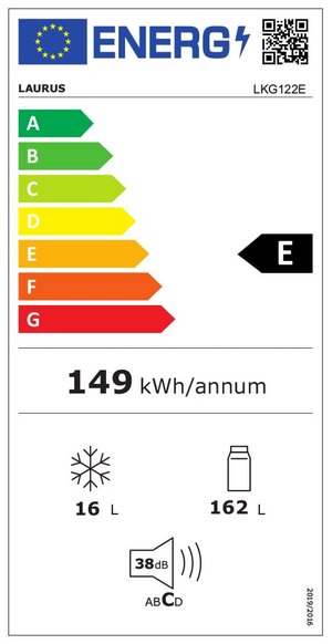 EU-Energieeffizienzlabel für einen LAURUS Kühlschrank mit Effizienzskala und jährlichem Energieverbrauch.