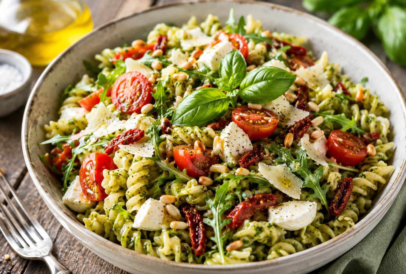 Schale mit sommerlichem Nudelsalat mit Pesto, Tomaten, Mozzarella und Rucola