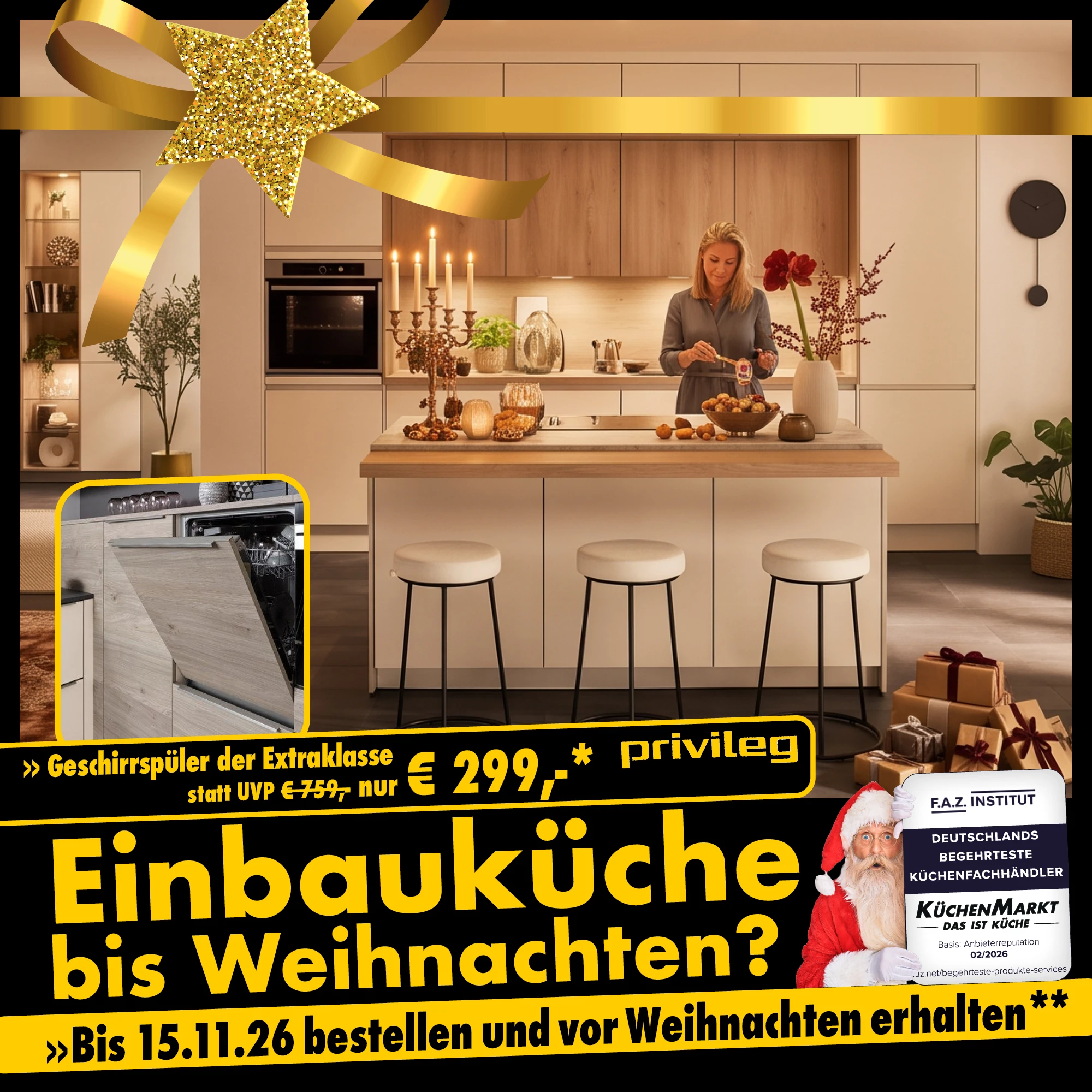 Privileg Geschirrspüler der Extraklasse mit Holzfront in heller Einbauküche mit Kerzen und Geschenken