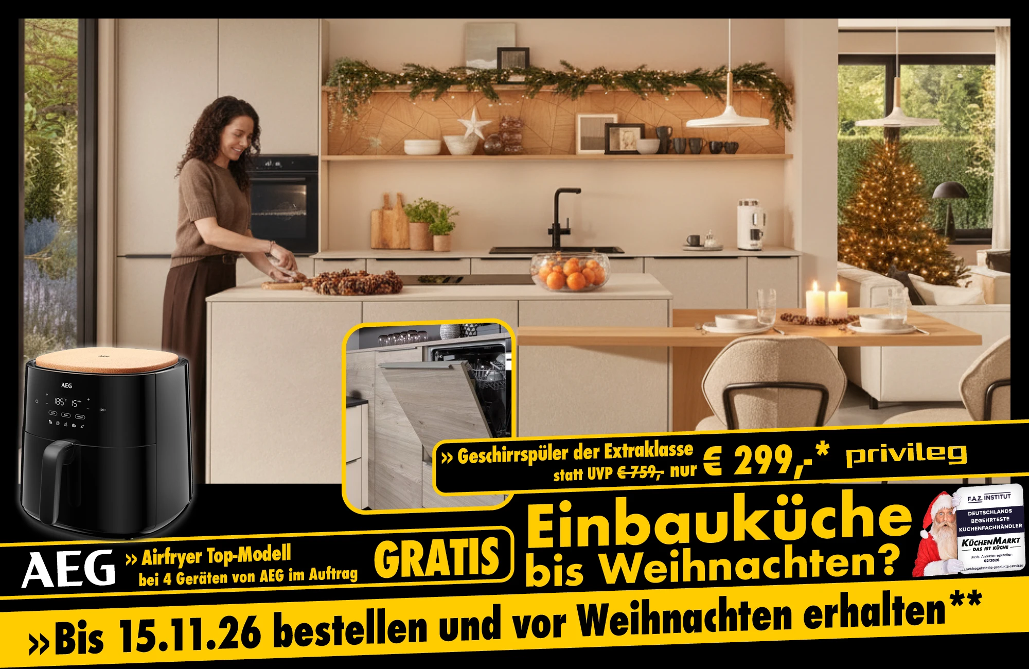 Frau arbeitet in heller Einbauküche mit Weihnachtsdeko, dazu Angebote: AEG Airfryer und Privileg Geschirrspüler