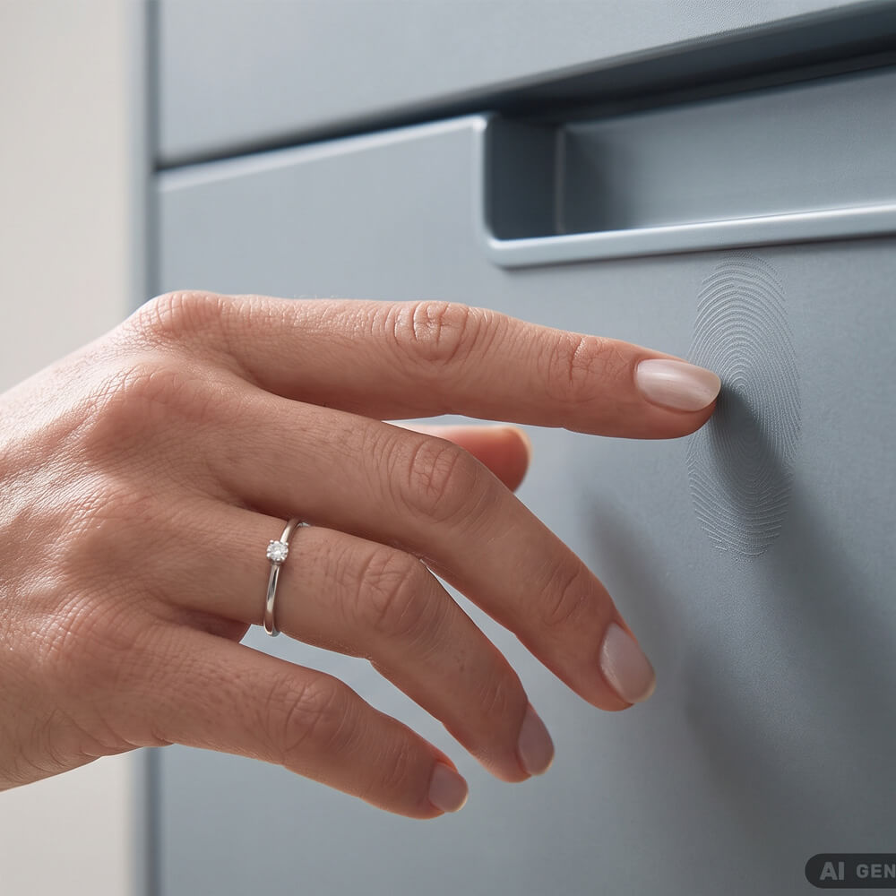 Hand berührt eine matte Küchenfront mit samtiger Anti-Fingerprint-Oberfläche