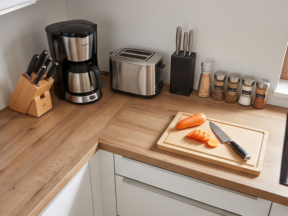 Küchenarbeitsplatte mit Kaffeemaschine, Toaster, Gewürzen und kleiner freier Vorbereitungsfläche