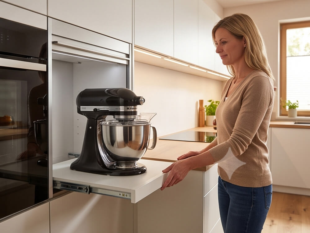 Küchenmaschine wird in einem Auszug oder Geräteschrank verstaut