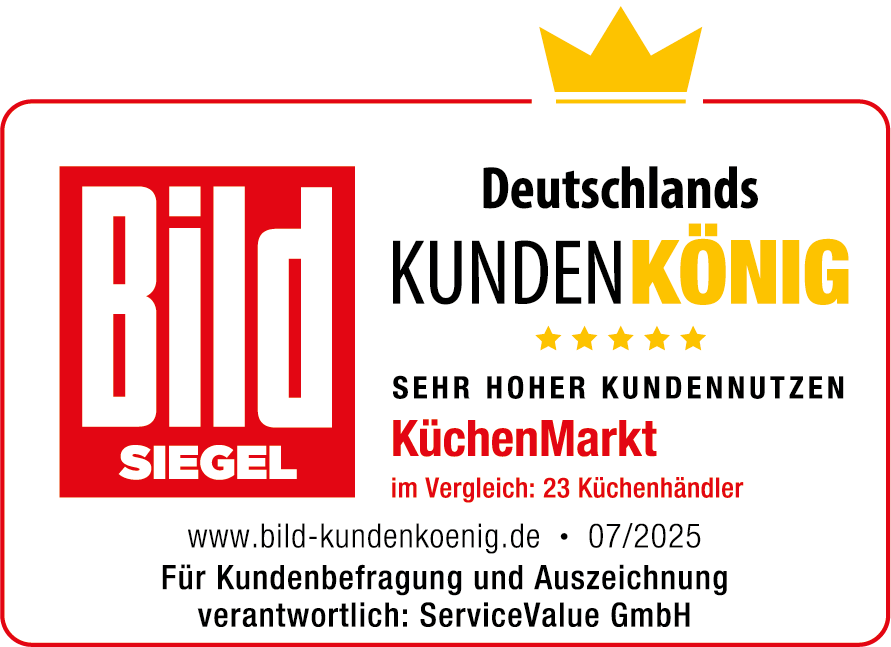 BILD-Siegel-Logo "Deutschlands-Kundenkönig" für „sehr-hohen-Kundennutzen“ von KüchenMarkt
