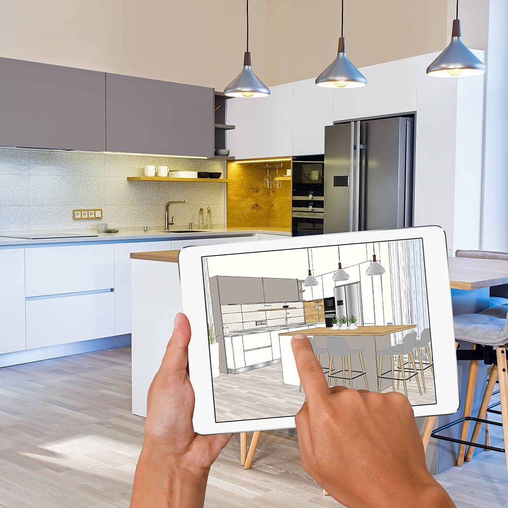 Tablet mit Küchenplanung vor einer modernen Küche im Neubau