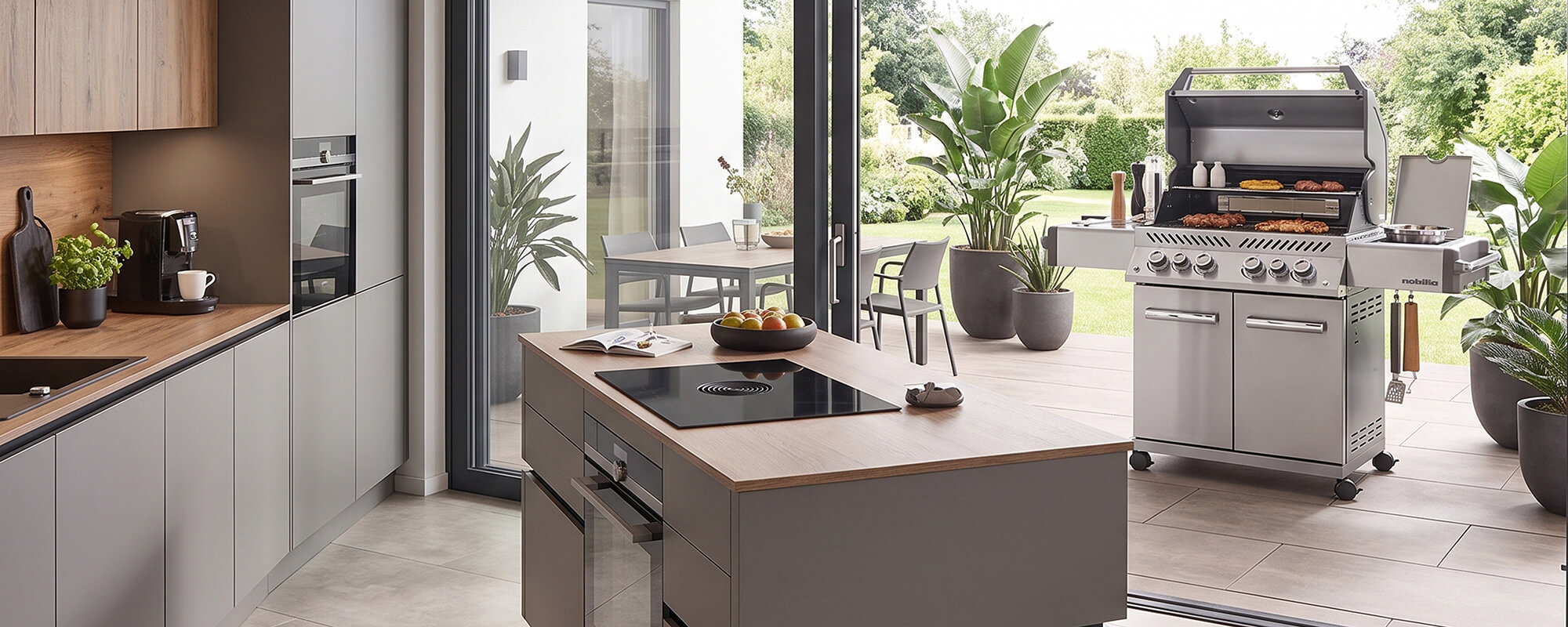 Moderne Terrasse mit Grillstation für Outdoor-Cooking
