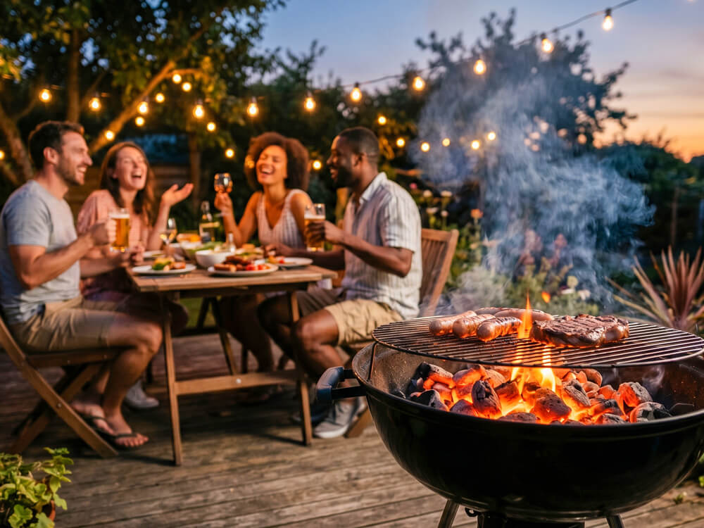 Holzkohlegrill mit Glut, Feuer und geselligem Grillabend