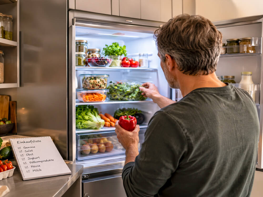 Person prüft die vorhandenen Lebensmittel in einem geöffneten Kühlschrank