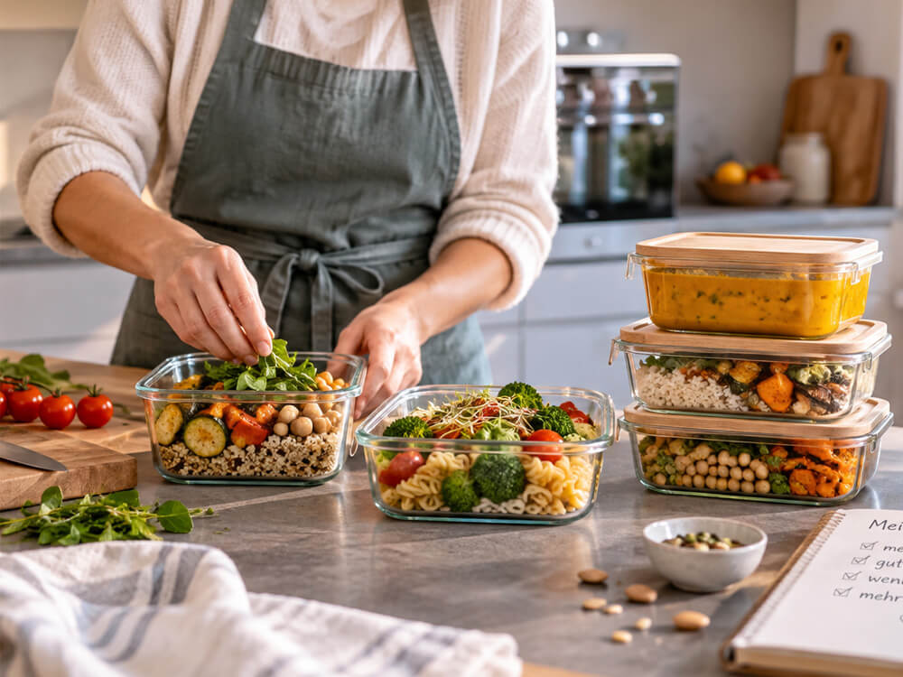 Person bereitet Gemüse und verschiedene Meal-Prep-Portionen vor