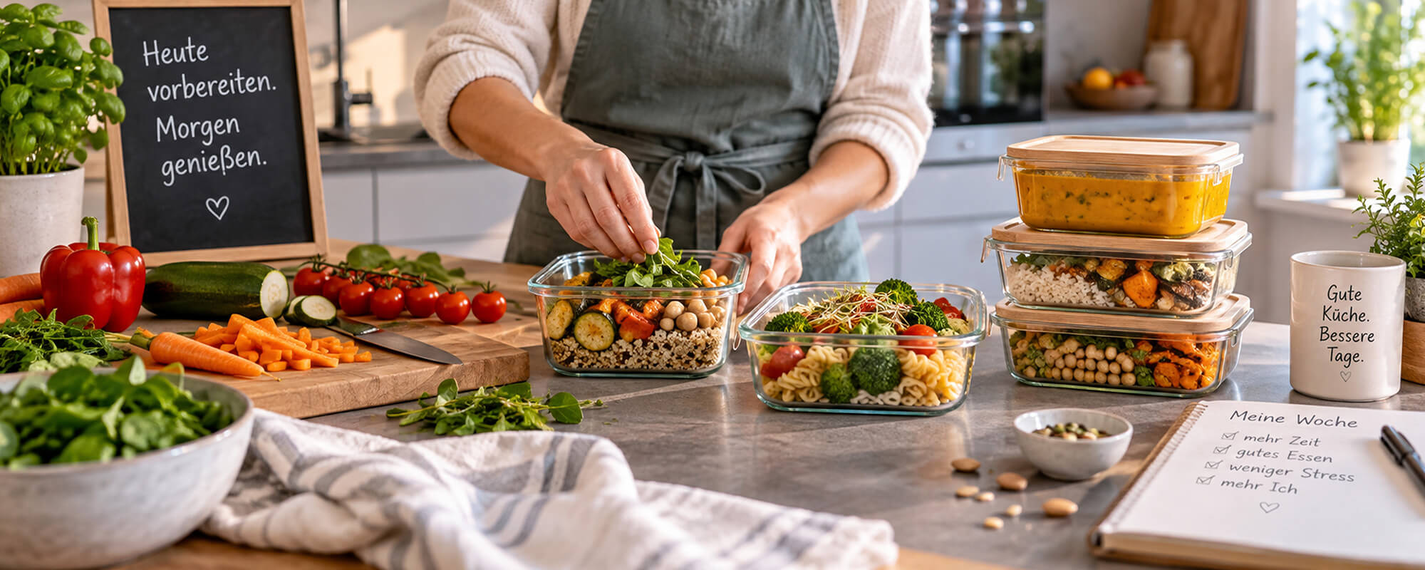 Vorbereitung von Gemüse und Mahlzeiten für alltagstaugliches Meal Prep