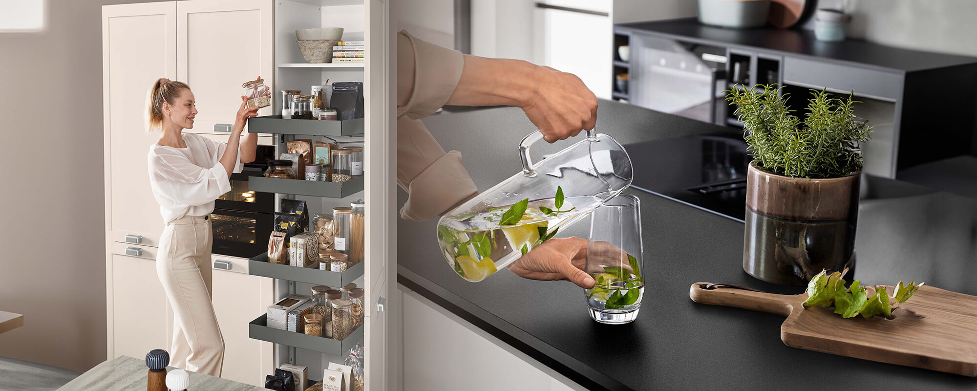 Bildcollage mit Vorratsschrank, Kochen an einer Kücheninsel und Spülbereich