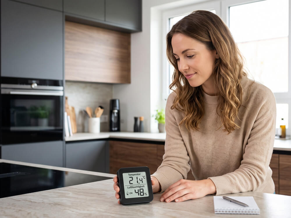 Frau mit einem Thermo-Hygrometer auf der Küchenarbeitsplatte; die Anzeige zeigt 21,4 °C und 48 Prozent relative Luftfeuchtigkeit.
