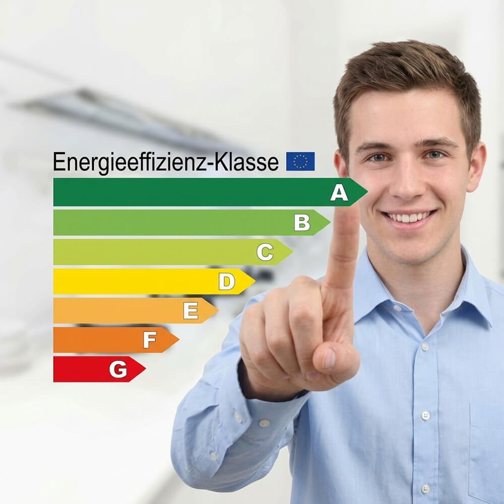 Mann zeigt auf Klasse A einer grafischen Energieeffizienzskala von A bis G