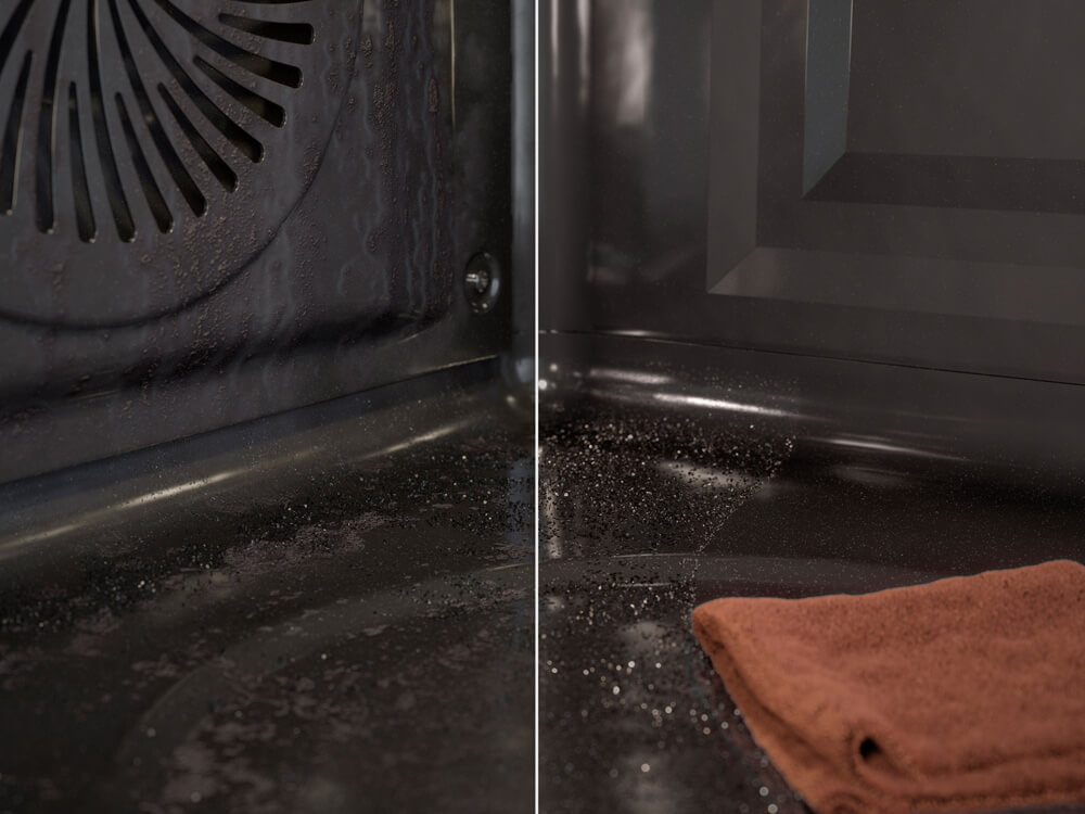 Backofeninnenraum vor und nach Pyrolyse – eingebrannte Rückstände