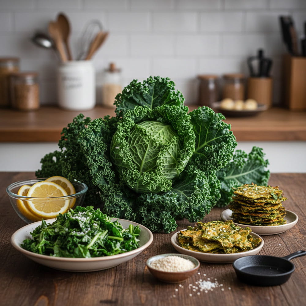 Grünkohl-Salat mit knusprigen Wirsing-Chips; daneben ein ganzer Wirsingkopf.