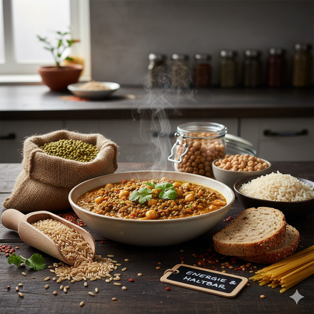 Dampfendes Linsengericht mit Kichererbsen neben Vorratsgläsern (Reis, Pasta, Brot).