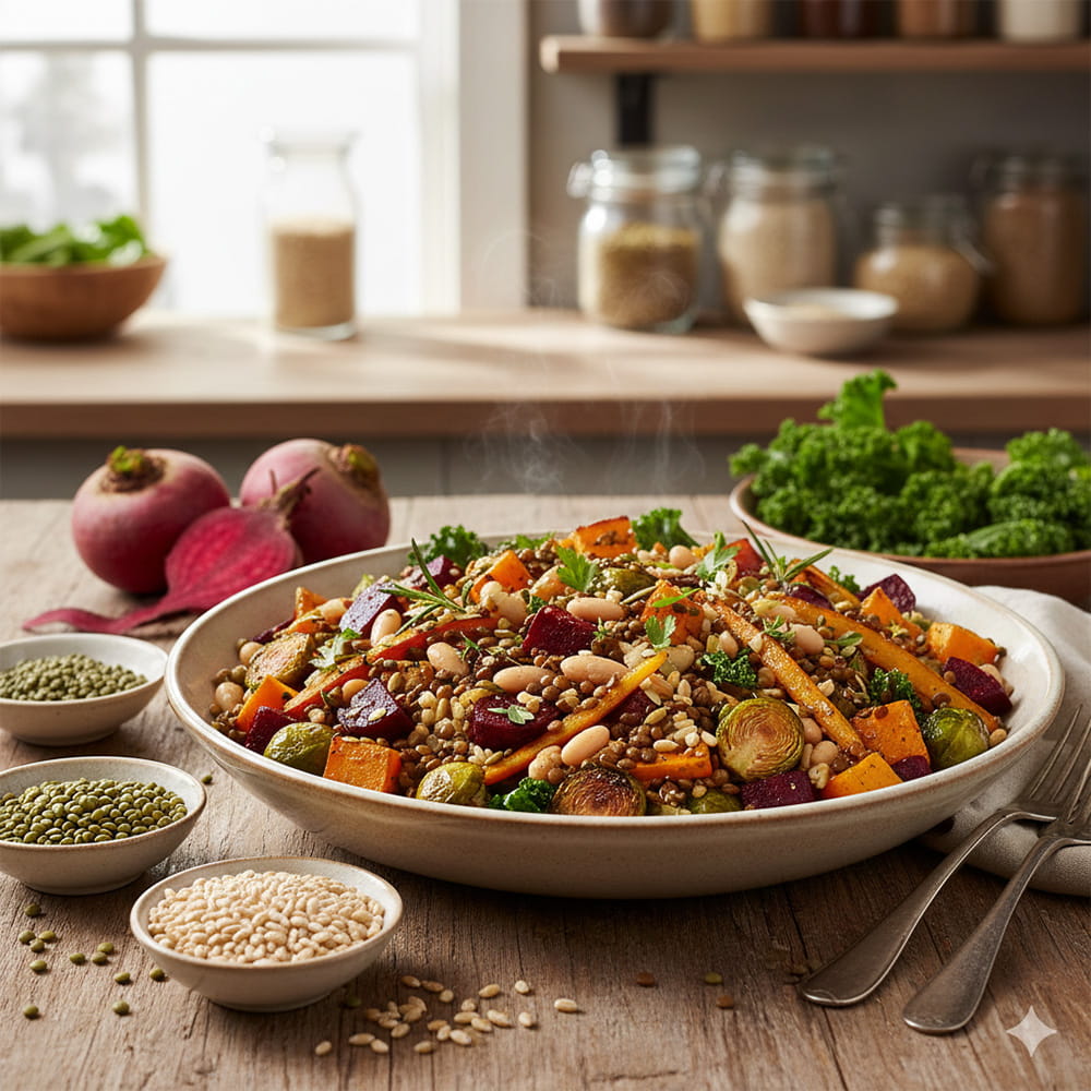 Bowl mit Roter Bete, Rosenkohl, Linsen und weißen Bohnen.