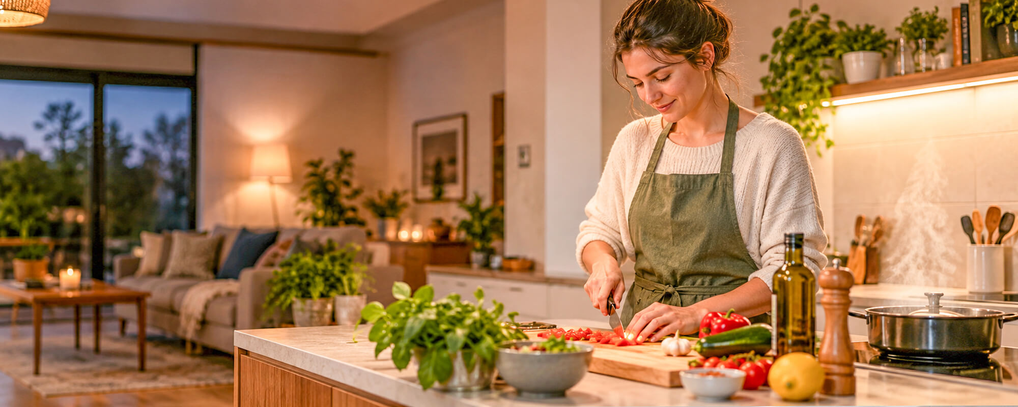 Frau bereitet bewusst eine Mahlzeit in der Küche zu