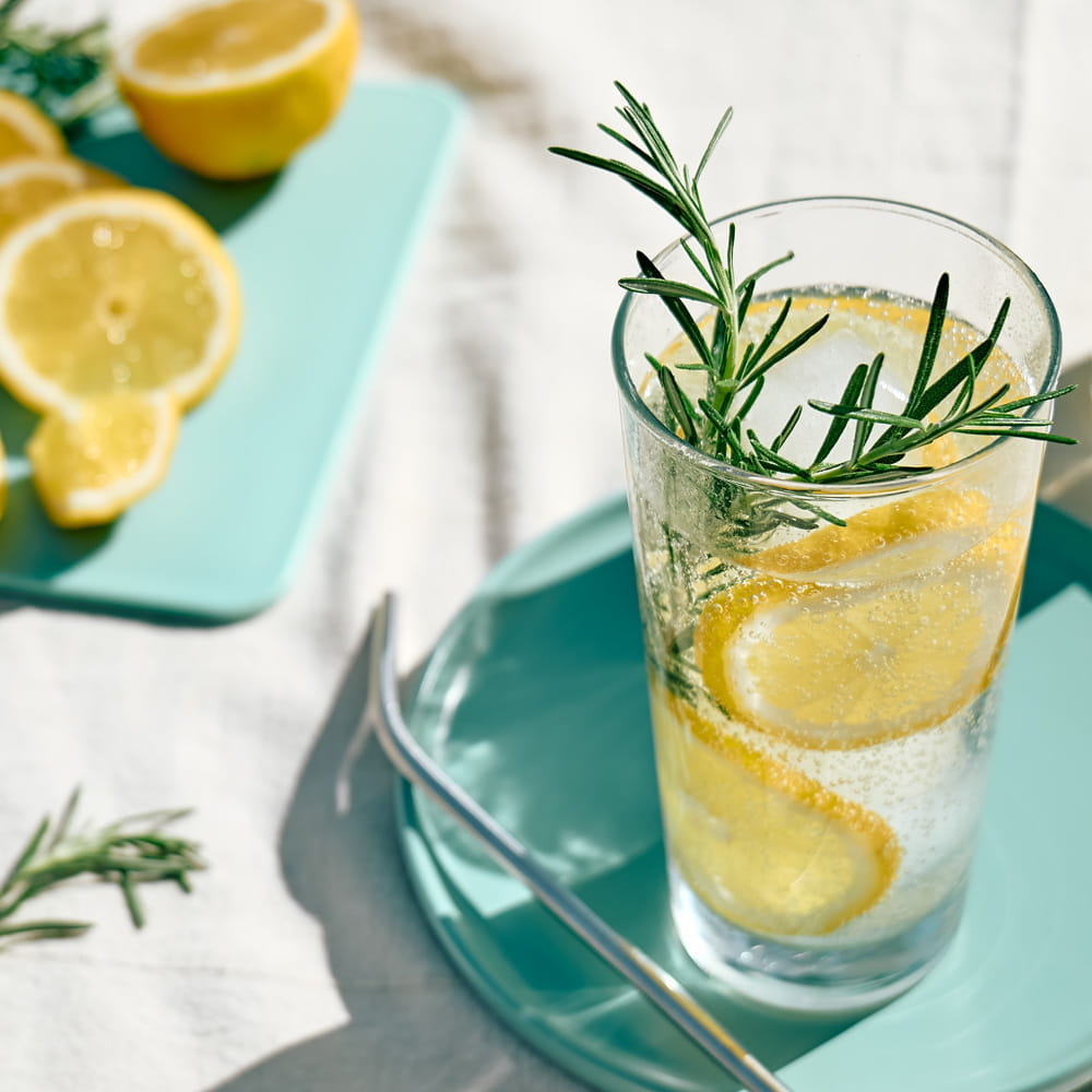 Erfrischendes Infused Water mit Zitrone und Rosmarin als aromatische Trink-Alternative.