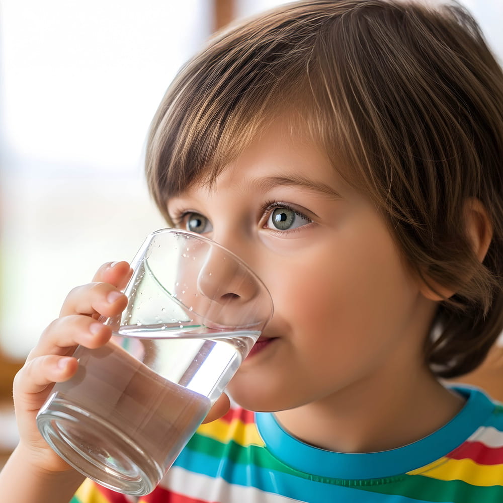Kind trinkt konzentriert aus einem Wasserglas – gesunde Trinkgewohnheiten spielerisch fördern.