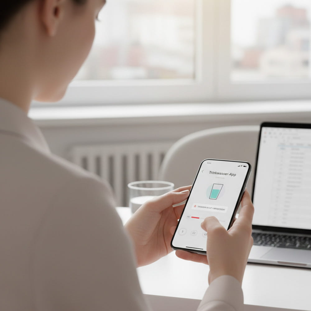 Trinkwasser-App auf Smartphone zur Erinnerung an regelmäßige Flüssigkeitszufuhr im Büroalltag.